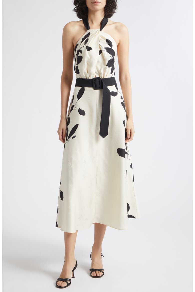Libby Floral Jacquard Halter Neck Midi Dress, Main, color, IVORY/ BLACK