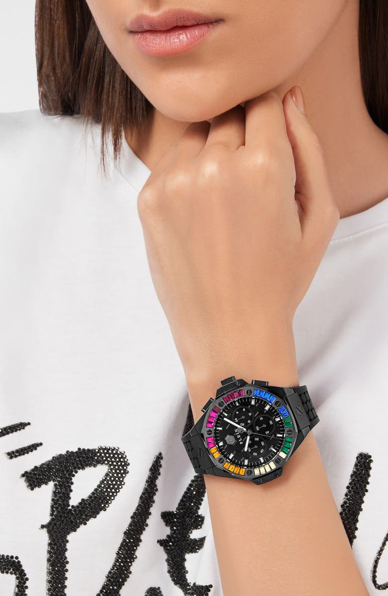 PHILIPP PLEIN Chrono Royal Crystal Silicone Strap Watch, 42mm, Alternate, color, Ip Black