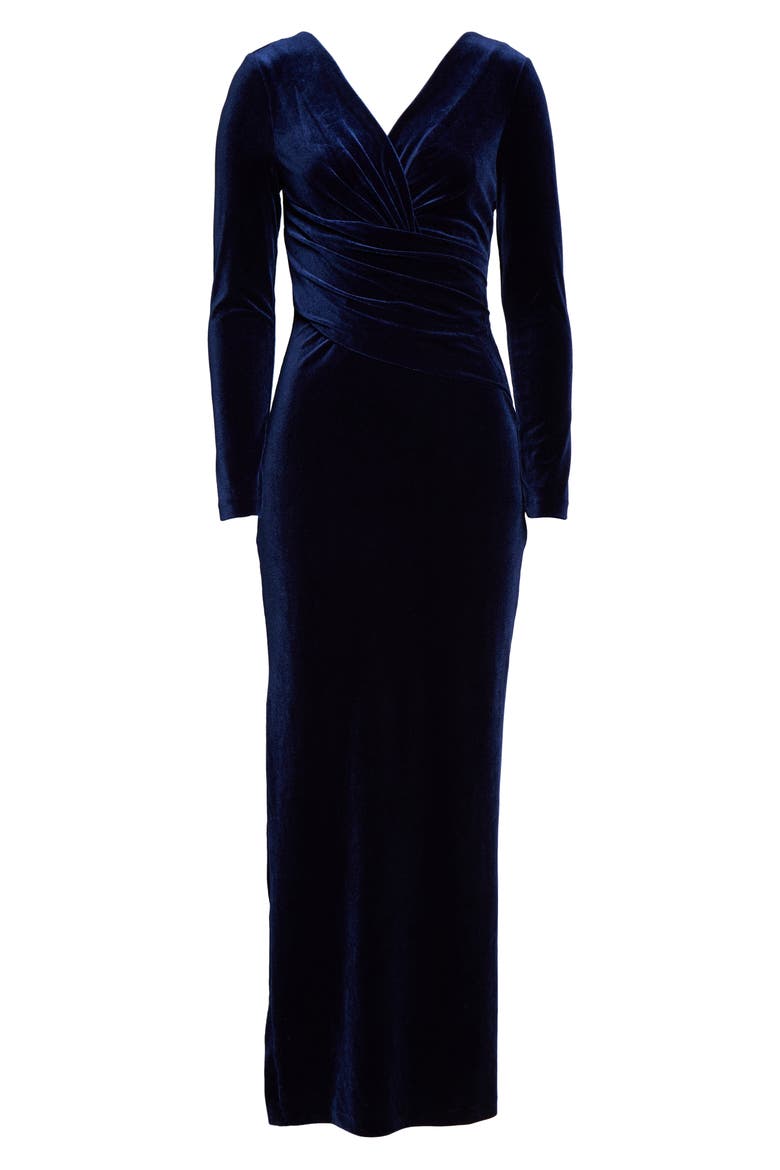Long Sleeve Ruched Velvet Gown, Alternate, color, NAVY