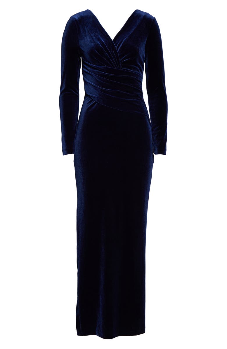 Eliza J Long Sleeve Ruched Velvet Gown, Alternate, color,