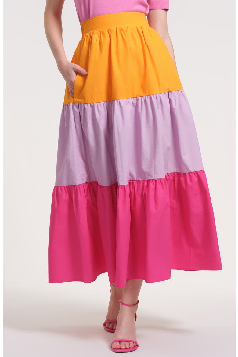 Tiered Stripe Cotton Midi Skirt, Main, color, PURPLE MULTI