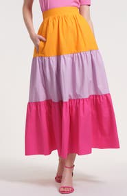 Isaac Mizrahi New York Tiered Stripe Cotton Midi Skirt