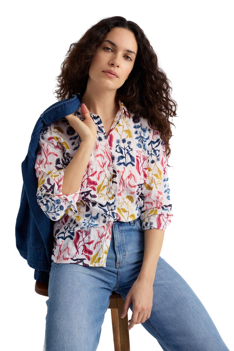 Larissa Floral Crinkled Organic Cotton Button-Up Shirt, Alternate, color, INKY BOTANICAL CHALK