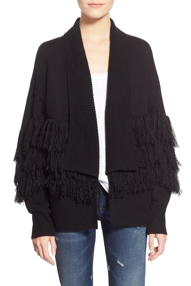 Fringe Open Front Cardigan, Main, color, BLACK