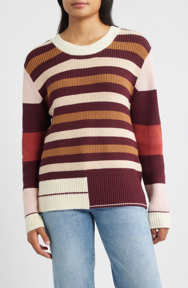 CITY BLUES Stripe Colorblock Sweater, Main, color, Merlot