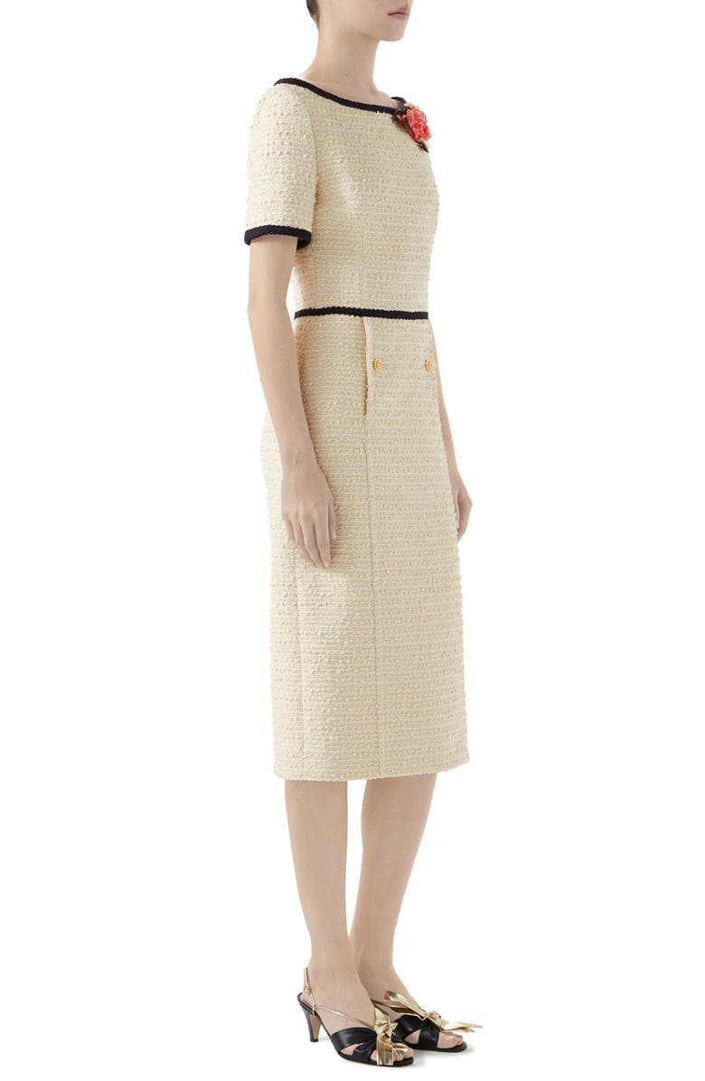 Gucci Floral Appliqué Bouclé Tweed Midi Sheath Dress, Alternate, color, 