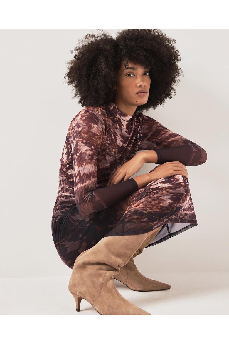 Long Sleeve Printed Mesh Midi Dress, Alternate, color, Burgundy