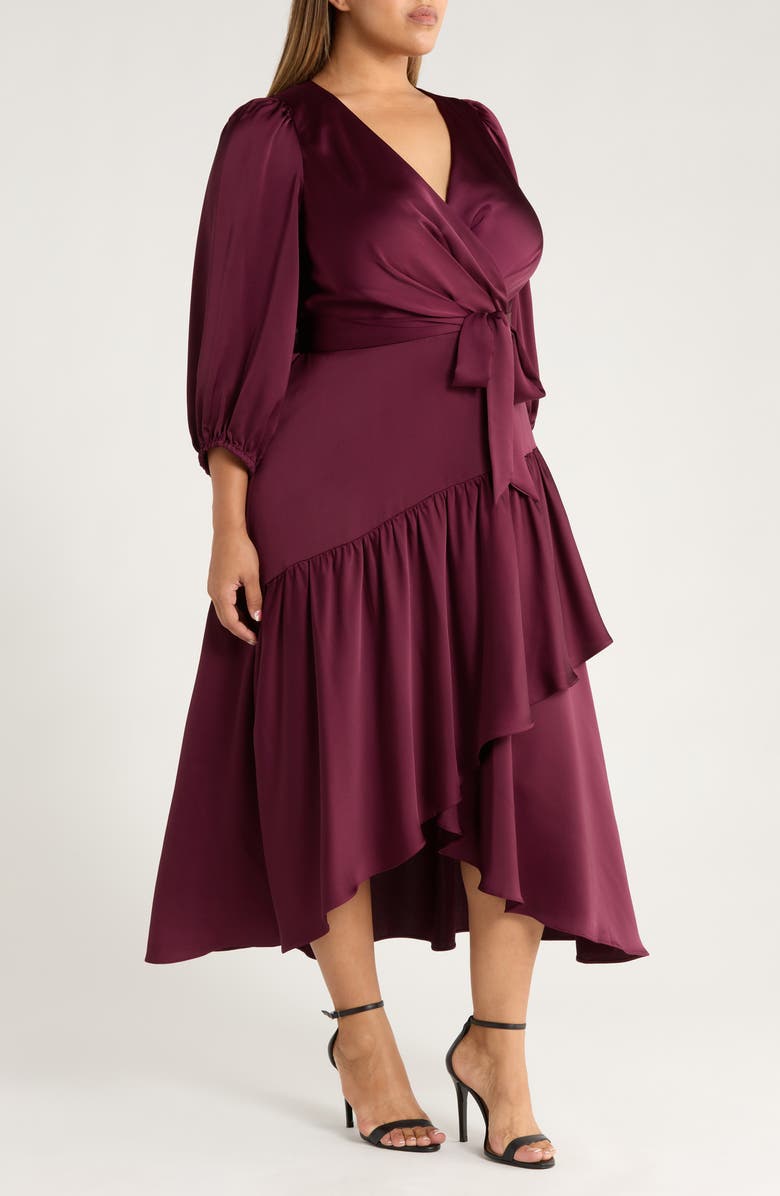 Anne Klein Tie Waist Long Sleeve Satin High/Low Maxi Dress, Alternate, color, Dark Chianti