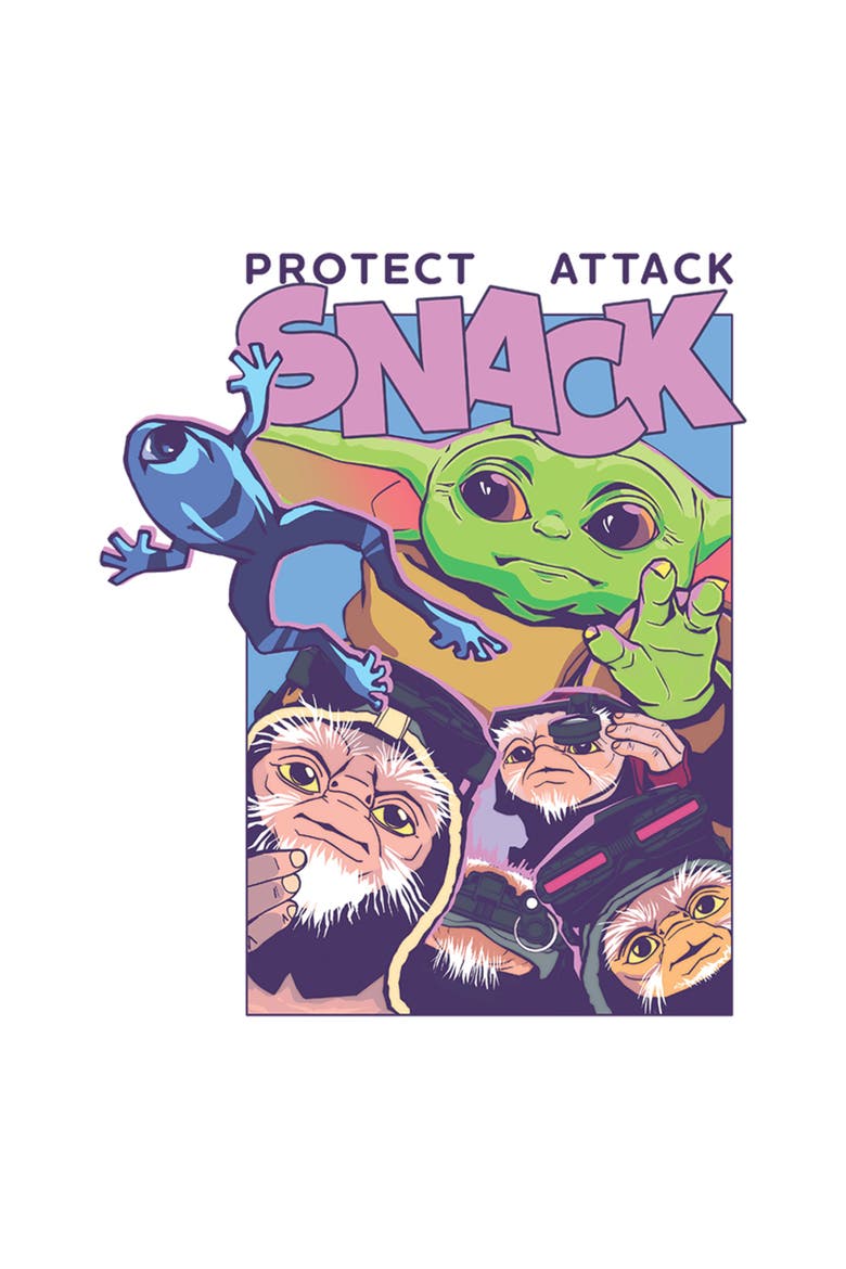 Junior's Star Wars The Mandalorian and Grogu Protect Attack Snack Collage  Graphic T-Shirt, Alternate, color, White