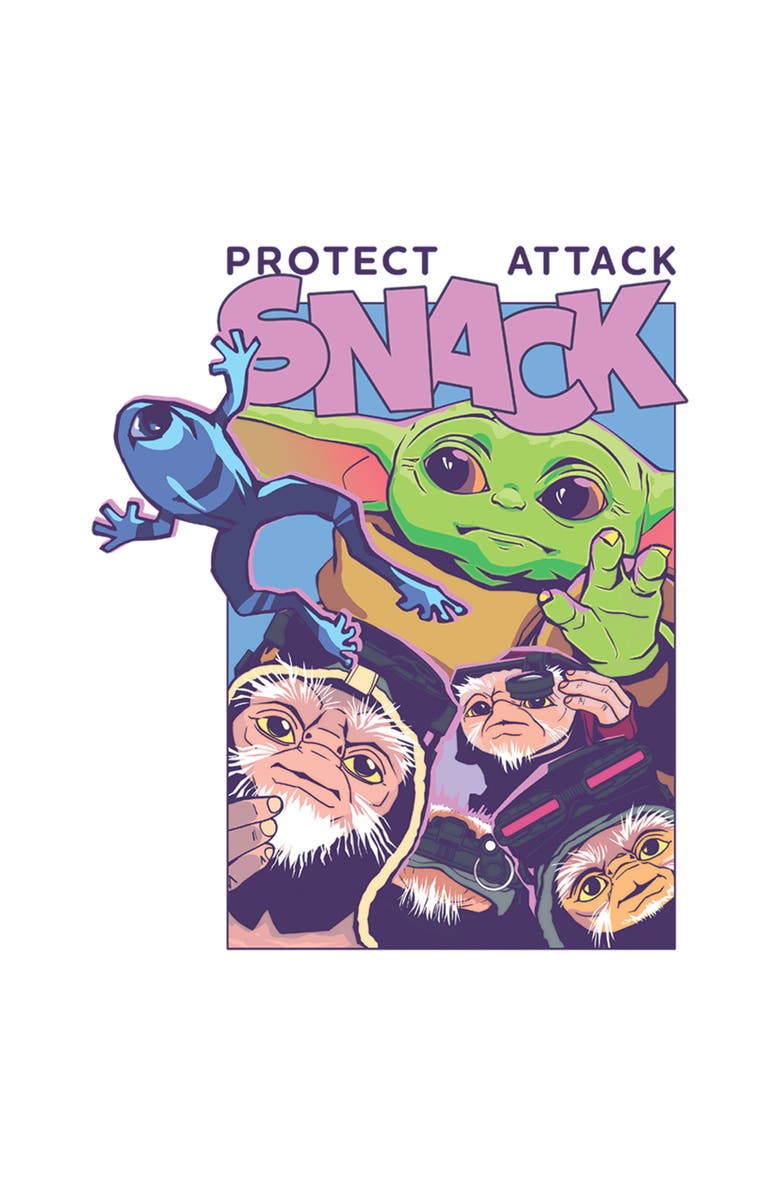 Star Wars: The Mandalorian and Grogu Junior's Star Wars The Mandalorian and Grogu Protect Attack Snack Collage  Graphic T-Shirt, Alternate, color, White