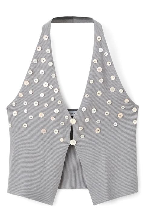 Button Embellished Plunge Neck Halter Tank