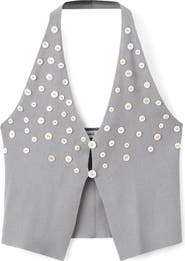 MANGO Button Embellished Plunge Neck Halter Tank