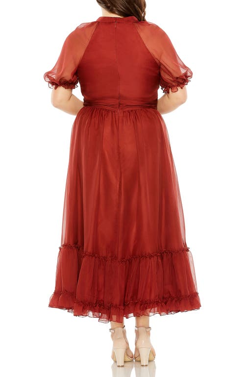 Mac Duggal Sheer Puff Sleeve Tea Length Gown In Brown