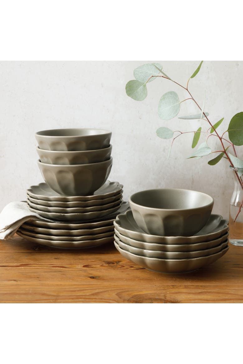 Yuelu Bloom 16 Piece Plates and Bowls Scallop Embossed Dinnerware Set, Alternate, color, Olive Stone