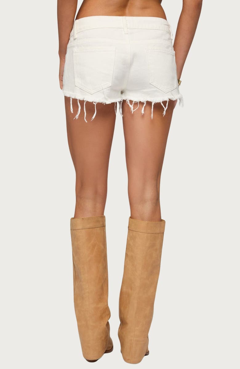 EDIKTED Low Rise Fray Hem Denim Shorts, Alternate, color, 