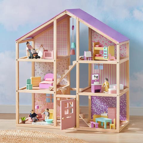 Sweetwood Unicorn Wooden Dollhouse Set with Dolls for Kids
