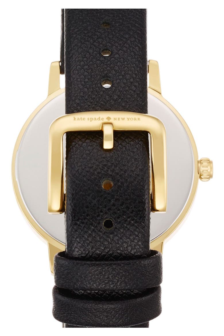'metro' scalloped dial leather strap watch, 34mm, Alternate, color, BLACK/ GOLD