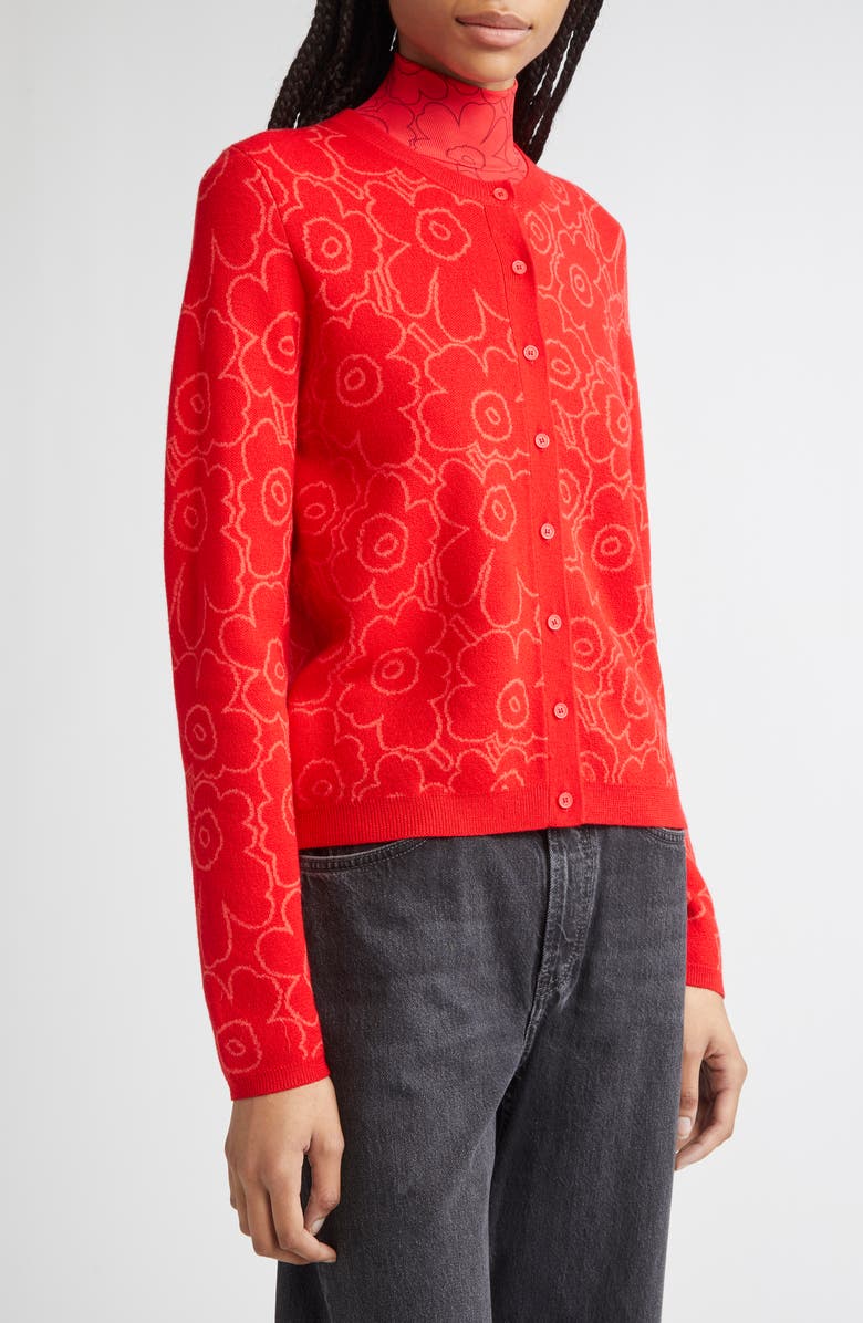 Marimekko Mutka Mini Piirto Unikko Wool Blend Cardigan, Alternate, color, Red