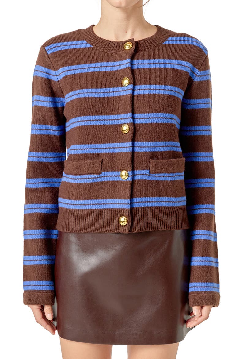 Stripe Button Cardigan, Alternate, color, BROWN/ BLUE
