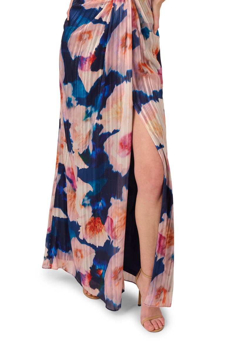Pleated Floral One-Shoulder Chiffon Gown, Alternate, color, NAVY/BLUSH