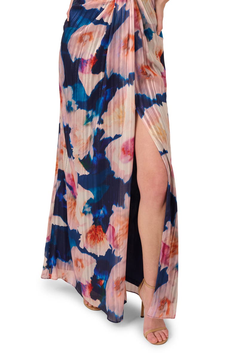 Adrianna Papell Pleated Floral One-Shoulder Chiffon Gown, Alternate, color, Navy/Blush