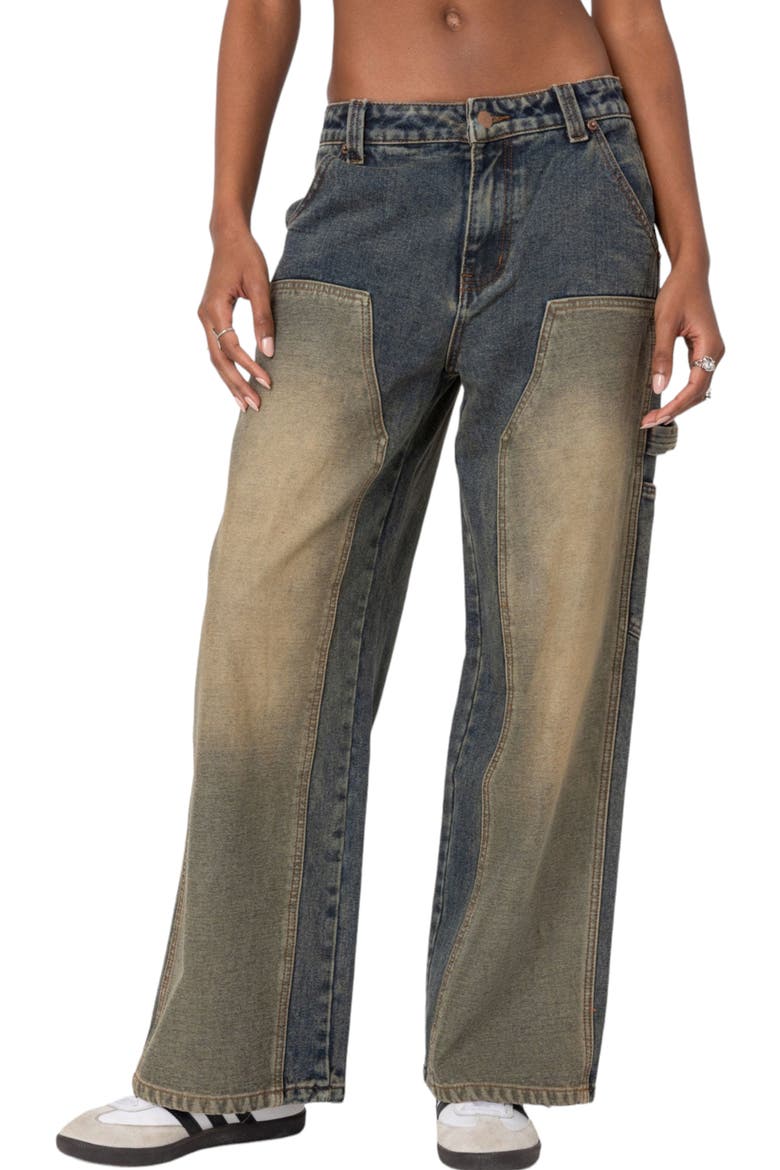 Contrast Panel Low-Rise Baggy Jeans, Main, color, BLUE-WASHED