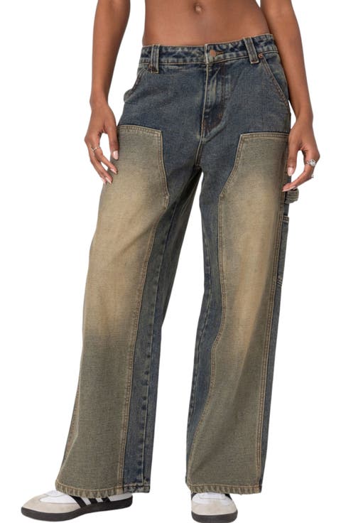 Contrast Panel Low-Rise Baggy Jeans