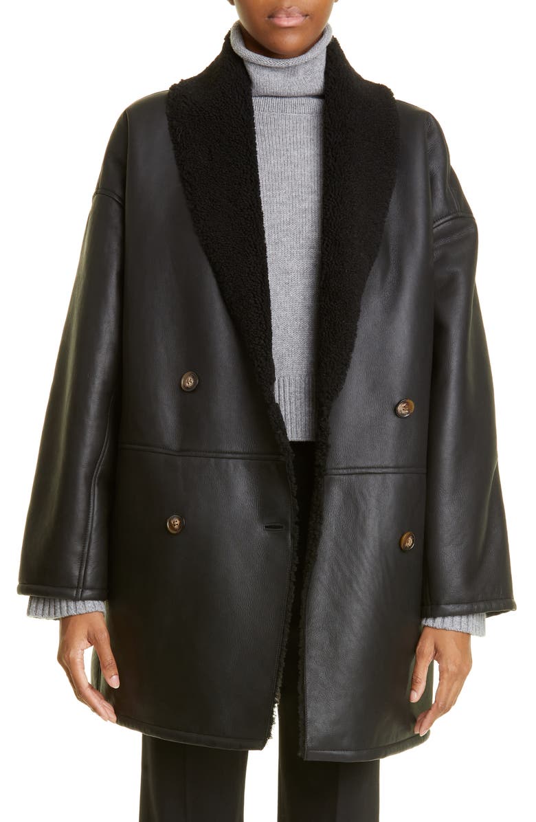 LOULOU DE SAISON Leather Coat with Genuine Shearling Lining, Main, color, 