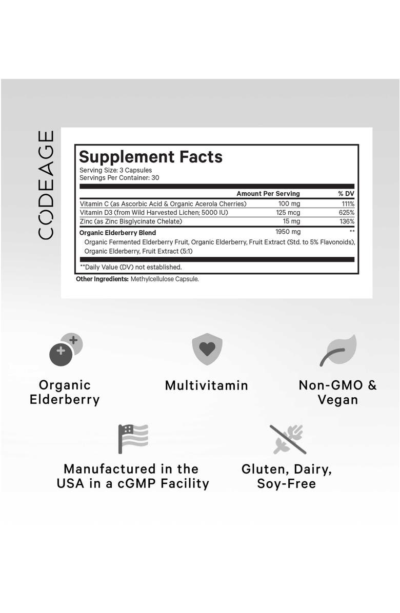 Codeage Organic Black Elderberry Supplement + Vitamin C, D3 & Zinc, Alternate, color, White