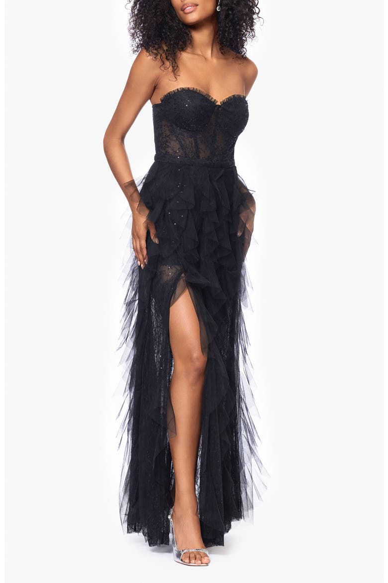 Sequin Lace Strapless Gown, Alternate, color, BLACK