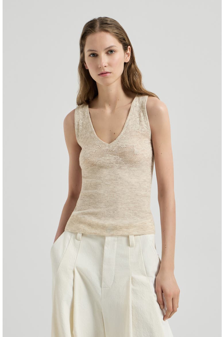 Silk, alpaca and wool flower lace knit top, Main, color, Sand
