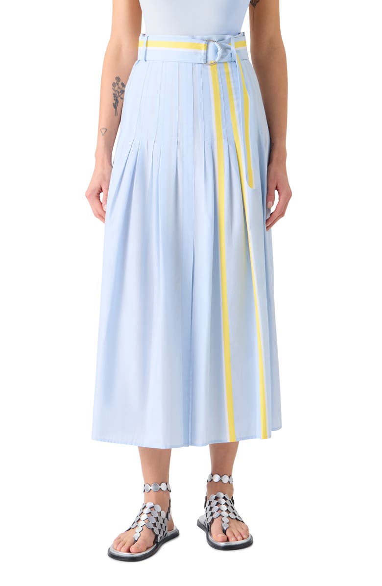 Akris punto Belted Pleated Stripe Chambray Midi Skirt, Main, color, Sky Blue-Lemon Zing-Cream
