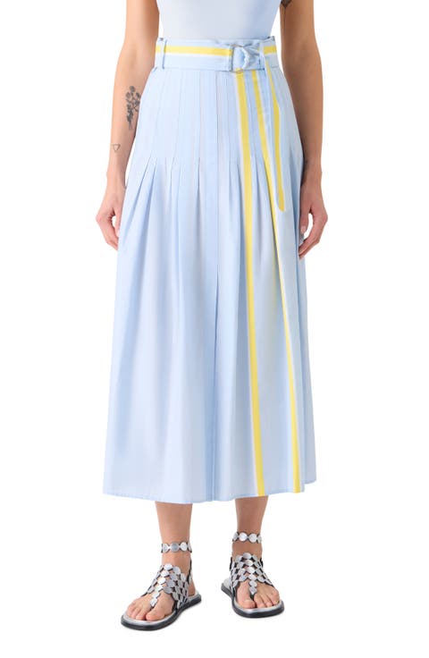Belted Pleated Stripe Chambray Midi Skirt