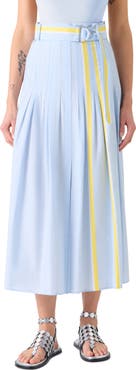 Akris punto Belted Pleated Stripe Chambray Midi Skirt