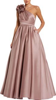 Mac Duggal Pink One Shoulder Satin Ballgown With 3D Flower