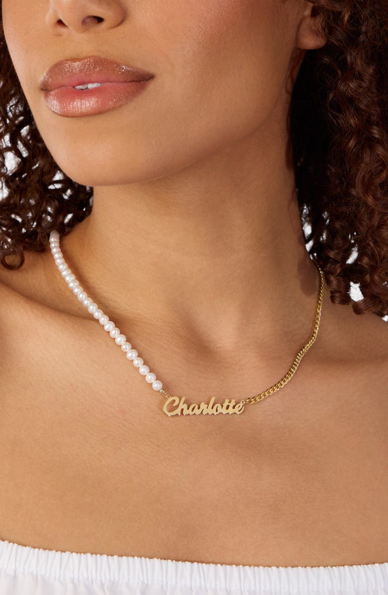 ATHRA LUXE Freshwater Pearl & Chain Link Personalized Name Necklace, Alternate, color, Gold