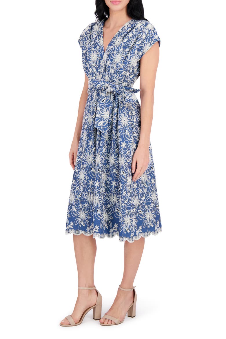 Embroidered Tie Waist Midi Dress, Alternate, color, CHAMBRAY/ IVORY