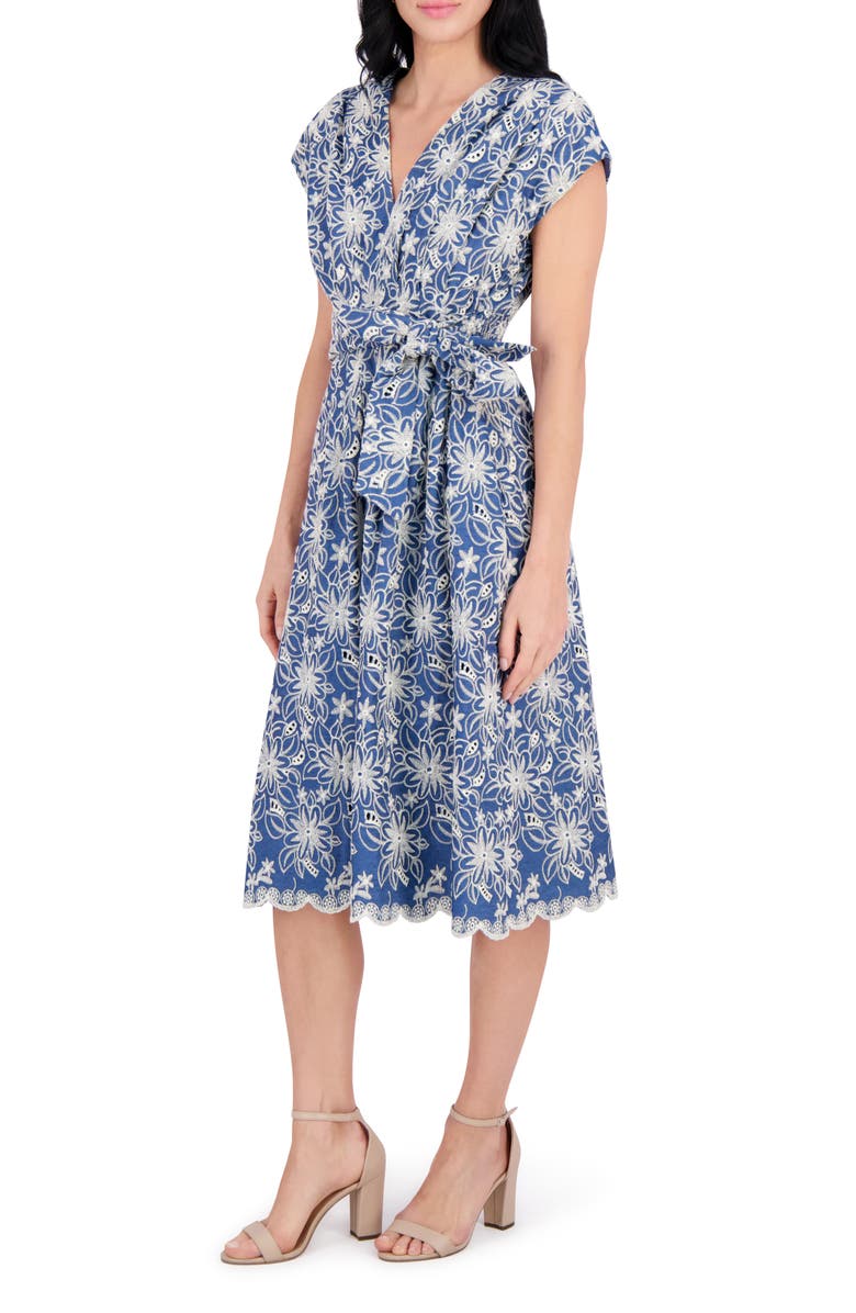 Kensie Embroidered Tie Waist Midi Dress, Alternate, color, Chambray/ Ivory