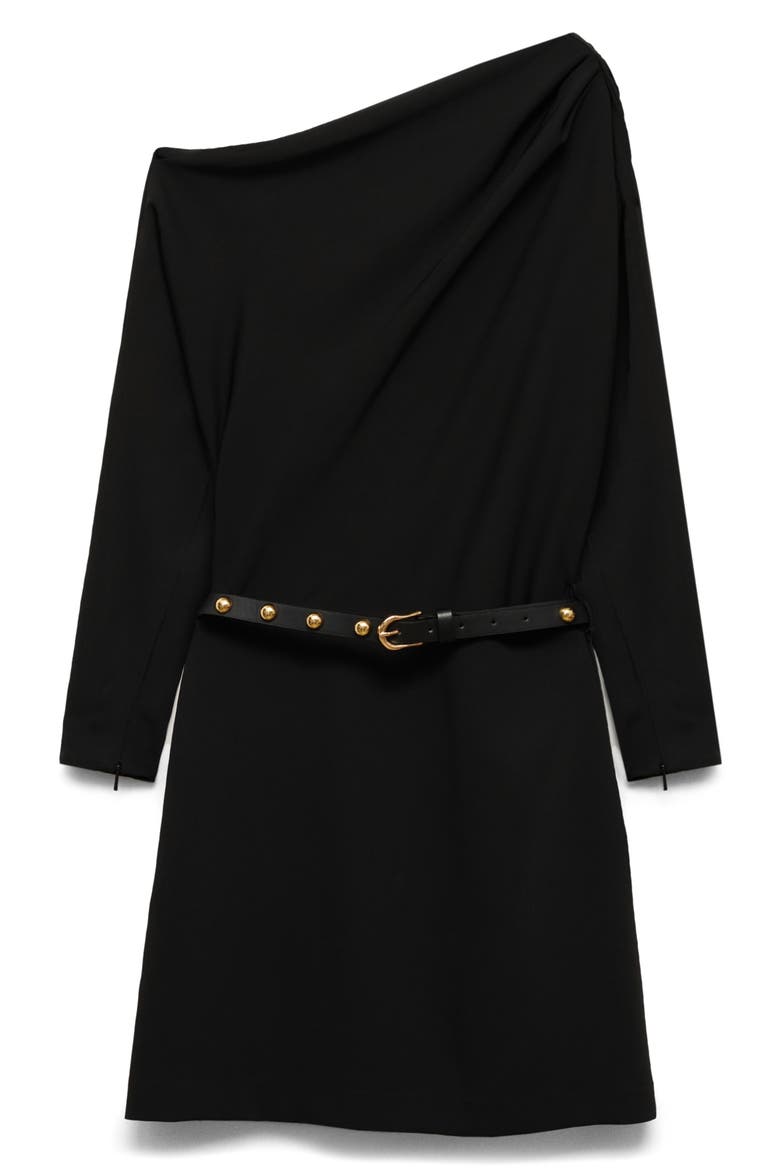 Belted Long Sleeve One-Shoulder Minidress, Alternate, color, BLACK