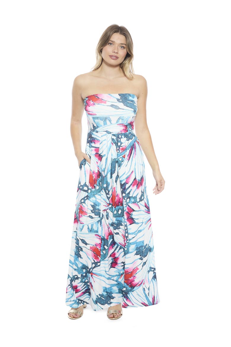 Womens Butterfly A-Line Strapless Pocket Maxi Dress, Main, color, Blue Multi