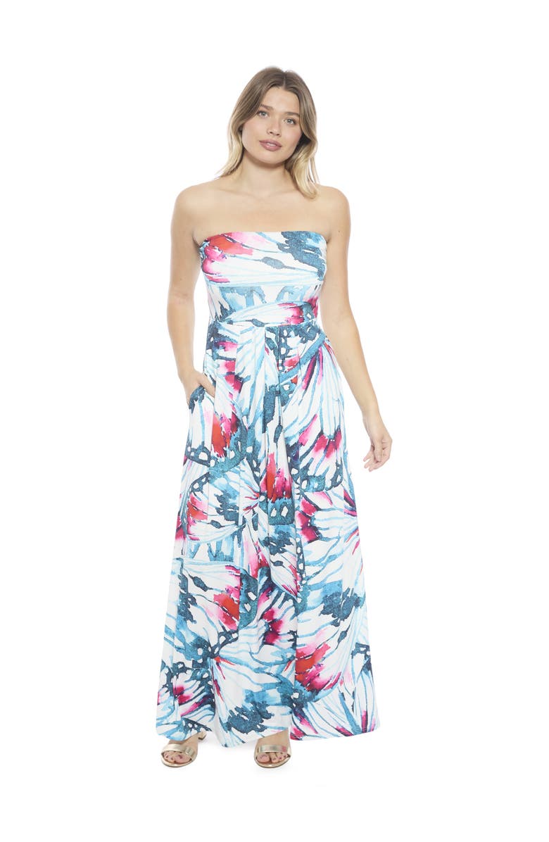 24seven Comfort Apparel Womens Butterfly A-Line Strapless Pocket Maxi Dress, Main, color, Blue Multi