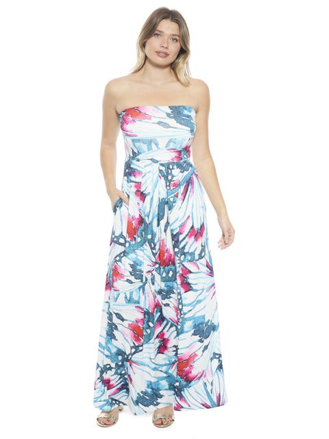 Womens Butterfly A-Line Strapless Pocket Maxi Dress