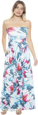 24seven Comfort Apparel Womens Butterfly A-Line Strapless Pocket Maxi Dress