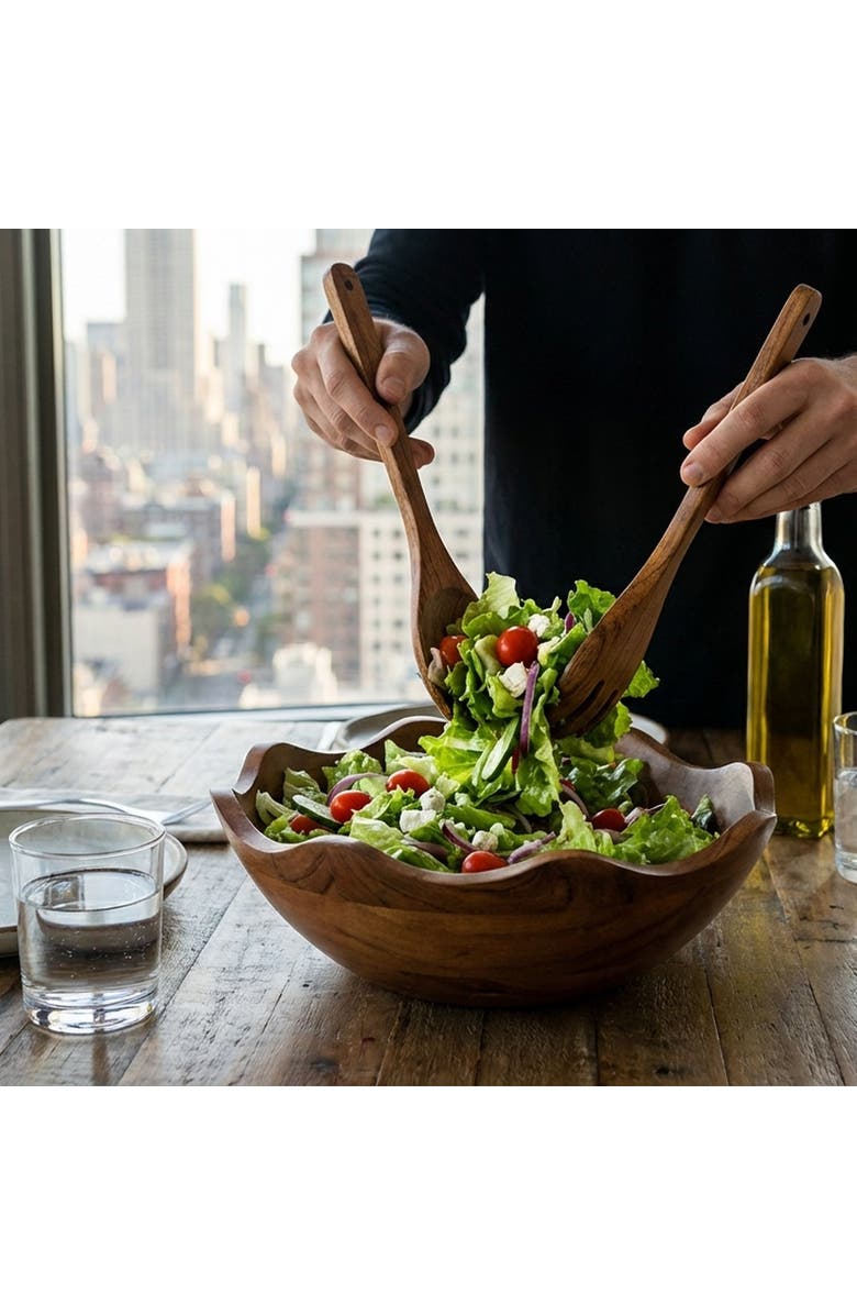 Mela Artisans Acacia Wood Large Scalloped Bowl with Servers, Alternate, color, Brown
