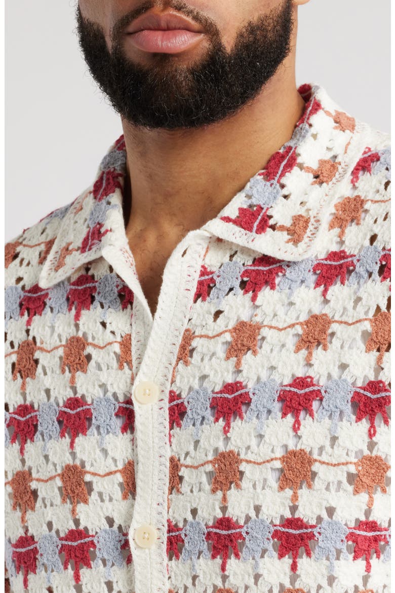 Porto Short Sleeve Cotton Blend Button-Up Shirt, Alternate, color, ECRU / MULTI