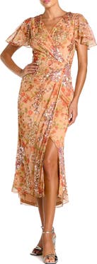 Mac Duggal Printed Mesh Flutter Sleeve Faux Wrap Midi Dress