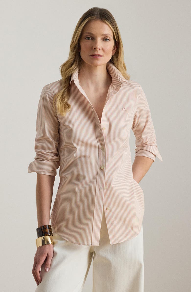 Lauren Ralph Lauren Stripe Stretch Cotton Button-Up Shirt, Alternate, color, Sunrise Blush Pink/ White