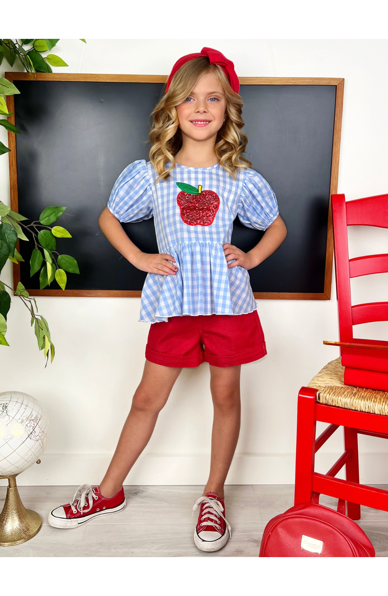 Mia Belle Girls Girls Sequin Apple Puff Sleeve Top & Red Short Set, Alternate, color, Blue