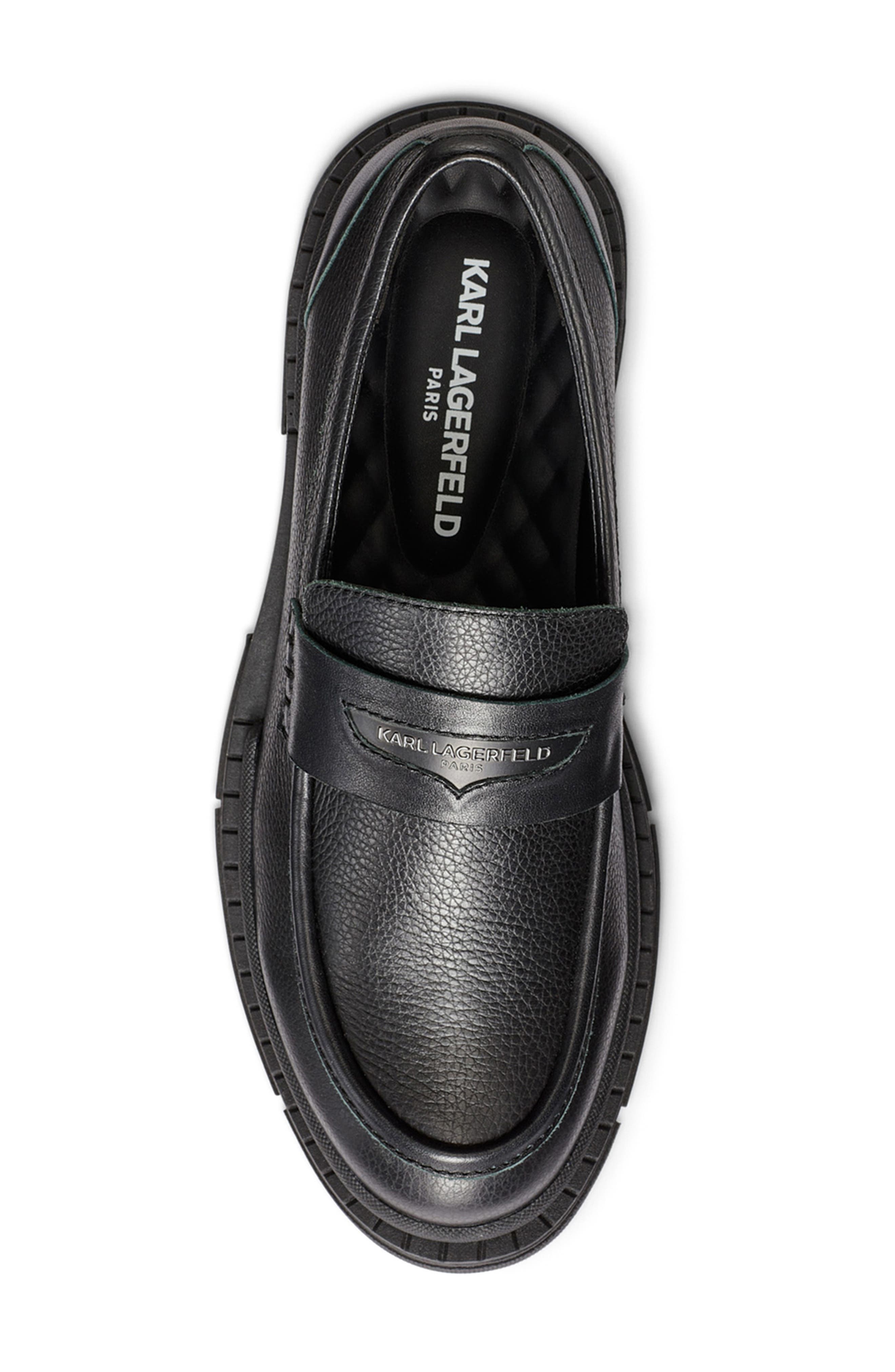 KARL LAGERFELD PARIS Leather Lug Sole Penny Loafer, Alternate, color, Black