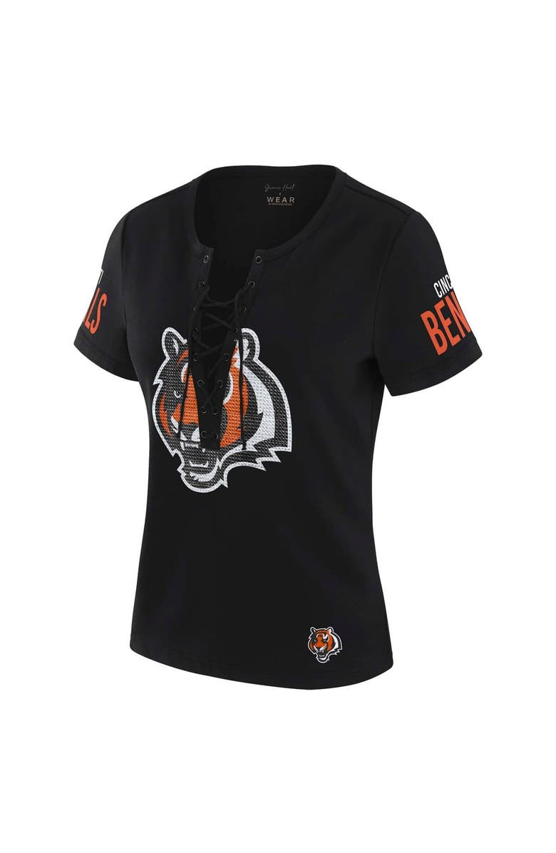 WEAR by Erin Andrews Women's WEAR by Erin Andrews x Gracie Hunt Black Cincinnati Bengals Draft Me Lace-Up T-Shirt, Alternate, color, 